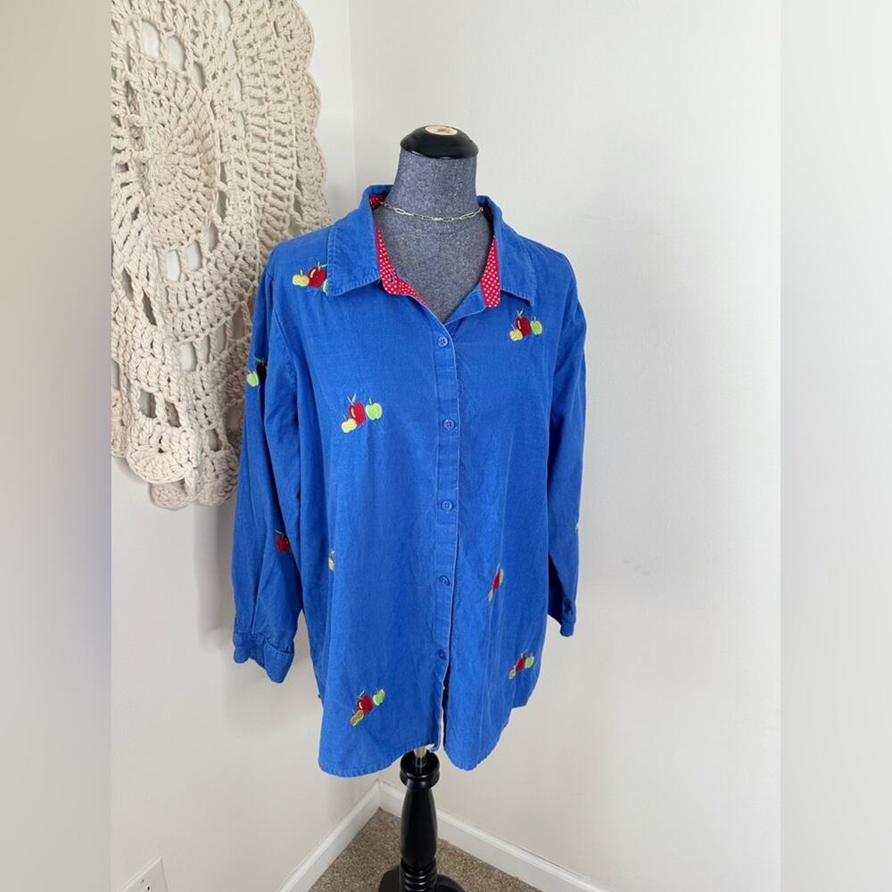 Quacker Factory Corduroy Apple Embroidered Button Up Size 1X